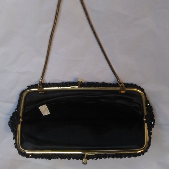 Vintage made in Hong Kong  black Beaded and Sequined clutch handbag kiss clasp - Picture 13 of 17